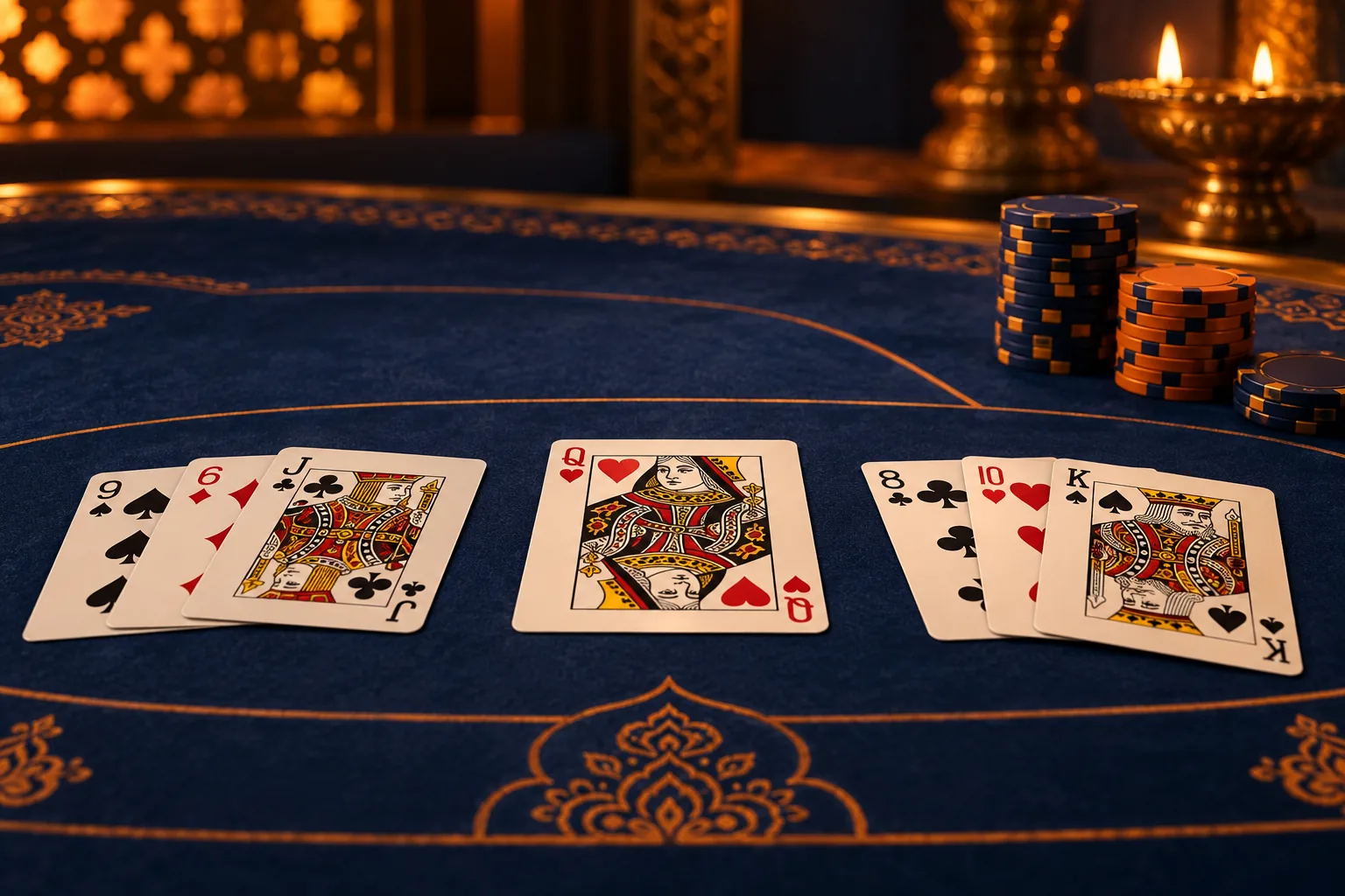 An opening queen between two groups of playing cards on navy felt